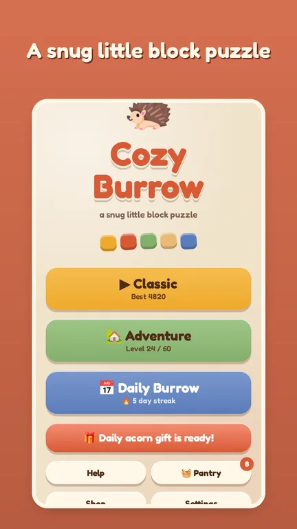 Cozy Burrow main menu with Classic, Adventure and Daily Burrow modes